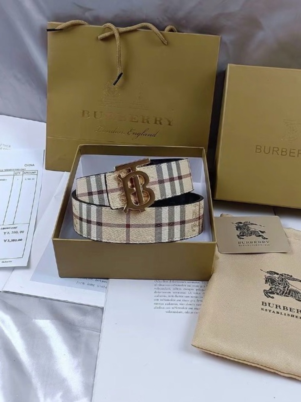 Burberry Beige Check Leather Belt with Gold TB Buckle